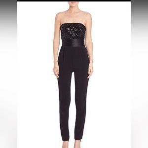 Badgley Mischka Black Tuxedo Style Sequin Top Jumpsuit Size 6